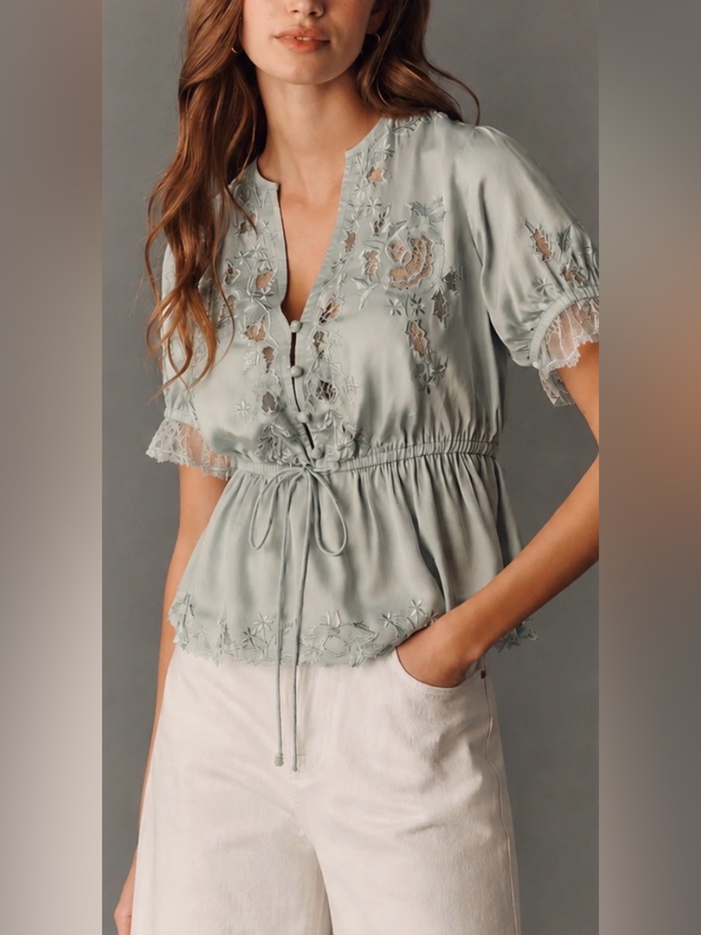 Anthropologie Embroidered V-neck Peplum Blouse - Desert Sage - Picture 4 of 11
